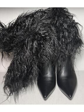 Fur Knee High Boots Stiletto Heels Wide Calf Point Toe